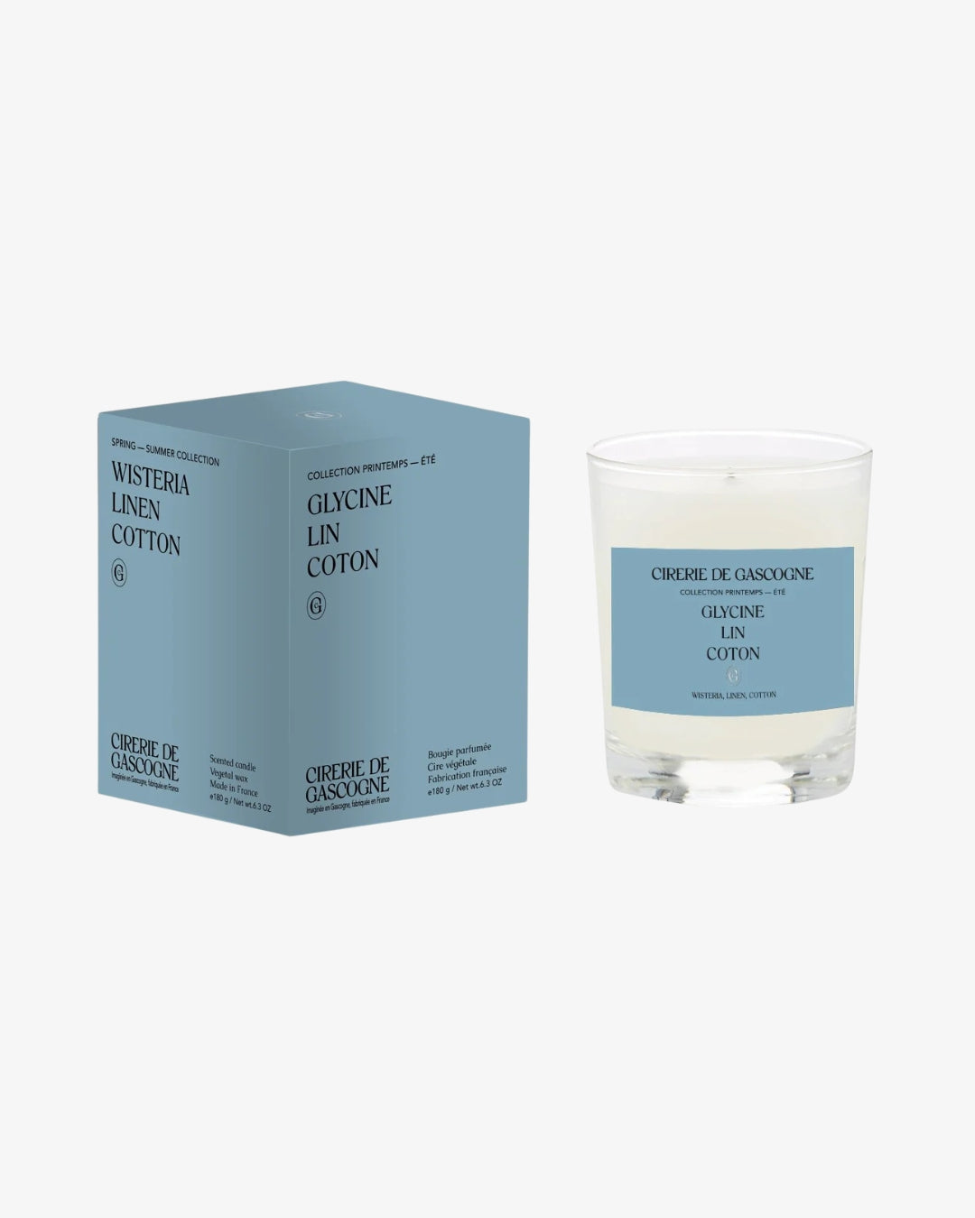 Świeca zapachowa Cirerie De Gascogne – glicynia, len, bawełna. Wiosenna świeżość, 30h palenia, ręczna produkcja.