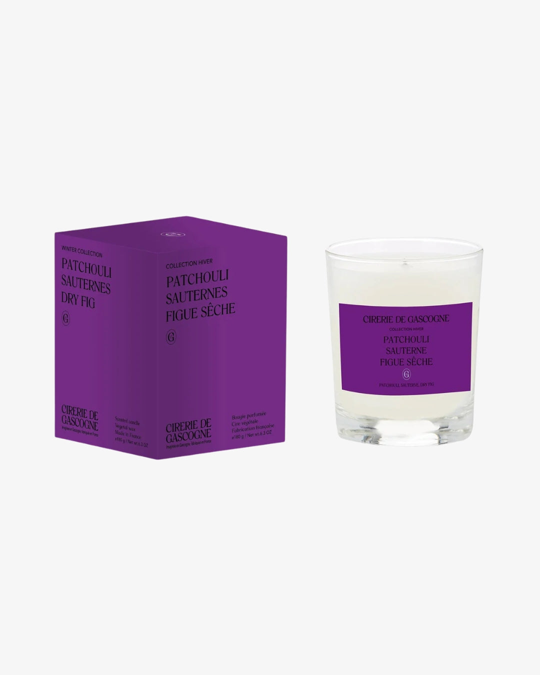 Świeca zapachowa Cirerie De Gascogne – paczula, Sauternes, suszone figi. Ciepły, elegancki zapach, 30h palenia, ręczna produkcja.