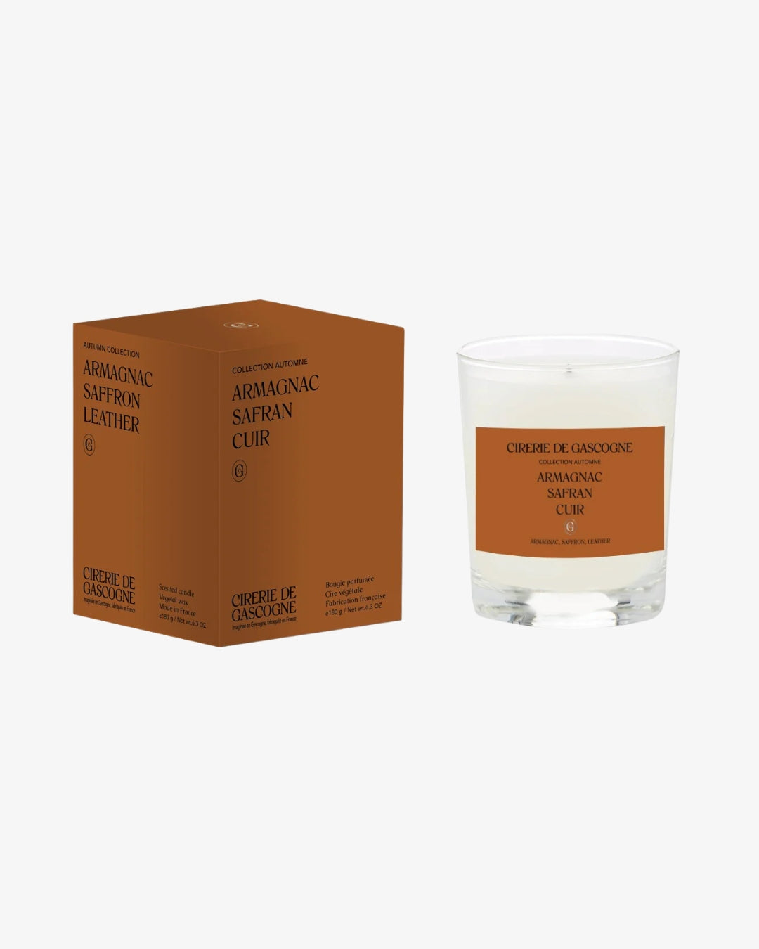 Świeca zapachowa Cirerie De Gascogne – Armagnac, szafran, skóra. Drzewno-słodki aromat, 30h palenia, ręczna produkcja.