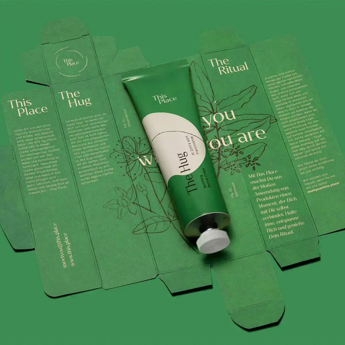 The Hug 20ml - Krem przeciw dyskomfortowi menstruacyjnemu z CBD, imbirem, dziurawcem, pieprzem mnisim, kadzidłem i korą sosny morskiej, do stosowania na podbrzusze - Amabase